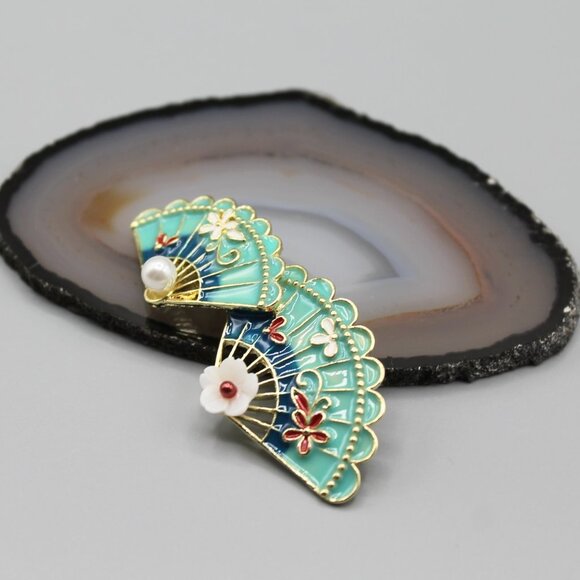 Fan traditional jewelry pin brooch fashion white pearl elegant beautiful gold - Picture 4 of 11
